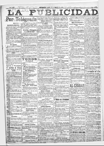 'La publicidad : diario de avisos noticias y telegramas. Eco fiel de la opinión y verdadero defensor de los intereses morales y materiales de Granada y su provincia' - Año XXX Número 8194 (08/08/1910)