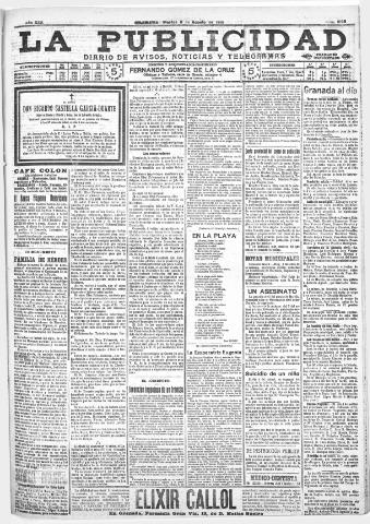 'La publicidad : diario de avisos noticias y telegramas. Eco fiel de la opinión y verdadero defensor de los intereses morales y materiales de Granada y su provincia' - Año XXX Número 8195 (09/08/1910)