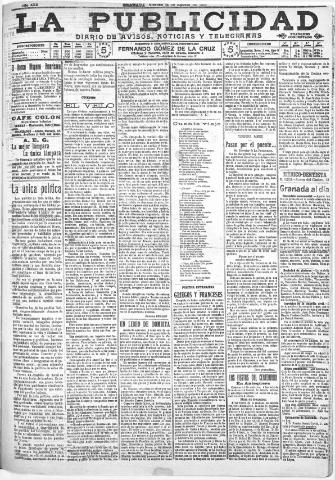 'La publicidad : diario de avisos noticias y telegramas. Eco fiel de la opinión y verdadero defensor de los intereses morales y materiales de Granada y su provincia' - Año XXX Número 8198 (12/08/1910)