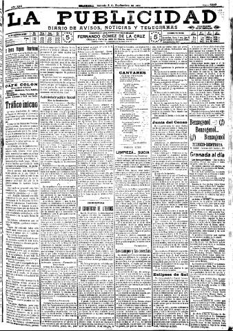 'La publicidad : diario de avisos noticias y telegramas. Eco fiel de la opinión y verdadero defensor de los intereses morales y materiales de Granada y su provincia' - Año XXX Número 8220 (03/09/1910)