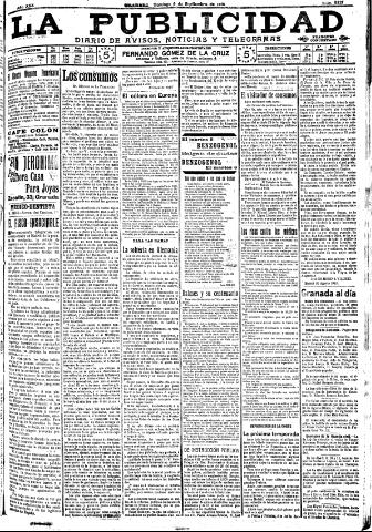 'La publicidad : diario de avisos noticias y telegramas. Eco fiel de la opinión y verdadero defensor de los intereses morales y materiales de Granada y su provincia' - Año XXX Número 8221 (04/09/1910)