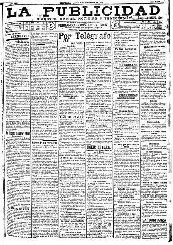 'La publicidad : diario de avisos noticias y telegramas. Eco fiel de la opinión y verdadero defensor de los intereses morales y materiales de Granada y su provincia' - Año XXX Número 8222 (05/09/1910)