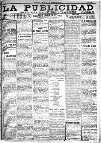 'La publicidad : diario de avisos noticias y telegramas. Eco fiel de la opinión y verdadero defensor de los intereses morales y materiales de Granada y su provincia' - Año XXX Número 8224 (07/09/1910)