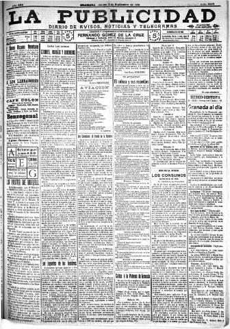 'La publicidad : diario de avisos noticias y telegramas. Eco fiel de la opinión y verdadero defensor de los intereses morales y materiales de Granada y su provincia' - Año XXX Número 8225 (08/09/1910)
