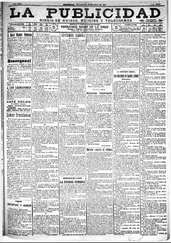 'La publicidad : diario de avisos noticias y telegramas. Eco fiel de la opinión y verdadero defensor de los intereses morales y materiales de Granada y su provincia' - Año XXX Número 8226 (09/09/1910)