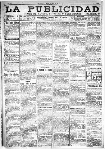 'La publicidad : diario de avisos noticias y telegramas. Eco fiel de la opinión y verdadero defensor de los intereses morales y materiales de Granada y su provincia' - Año XXX Número 8231 (14/09/1910)