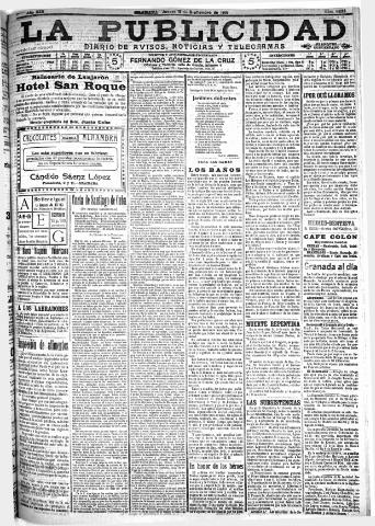 'La publicidad : diario de avisos noticias y telegramas. Eco fiel de la opinión y verdadero defensor de los intereses morales y materiales de Granada y su provincia' - Año XXX Número 8232 (15/09/1910)