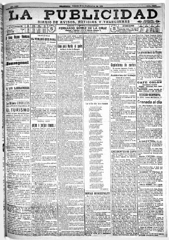 'La publicidad : diario de avisos noticias y telegramas. Eco fiel de la opinión y verdadero defensor de los intereses morales y materiales de Granada y su provincia' - Año XXX Número 8234 (17/09/1910)