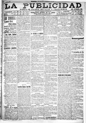 'La publicidad : diario de avisos noticias y telegramas. Eco fiel de la opinión y verdadero defensor de los intereses morales y materiales de Granada y su provincia' - Año XXX Número 8235 (18/09/1910)