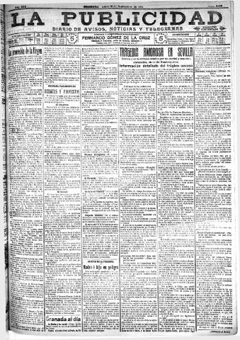 'La publicidad : diario de avisos noticias y telegramas. Eco fiel de la opinión y verdadero defensor de los intereses morales y materiales de Granada y su provincia' - Año XXX Número 8236 (19/09/1910)