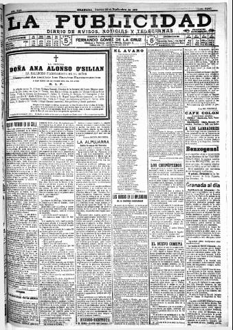 'La publicidad : diario de avisos noticias y telegramas. Eco fiel de la opinión y verdadero defensor de los intereses morales y materiales de Granada y su provincia' - Año XXX Número 8240 (23/09/1910)