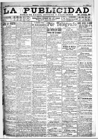 'La publicidad : diario de avisos noticias y telegramas. Eco fiel de la opinión y verdadero defensor de los intereses morales y materiales de Granada y su provincia' - Año XXX Número 8243 (26/09/1910)
