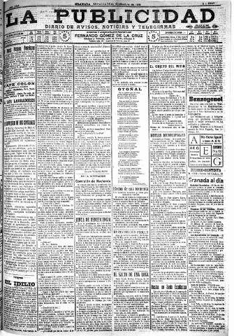 'La publicidad : diario de avisos noticias y telegramas. Eco fiel de la opinión y verdadero defensor de los intereses morales y materiales de Granada y su provincia' - Año XXX Número 8245 (28/09/1910)