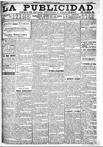 'La publicidad : diario de avisos noticias y telegramas. Eco fiel de la opinión y verdadero defensor de los intereses morales y materiales de Granada y su provincia' - Año XXX Número 8246 (29/09/1910)