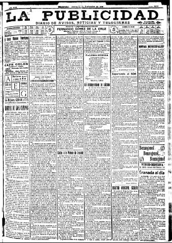 'La publicidad : diario de avisos noticias y telegramas. Eco fiel de la opinión y verdadero defensor de los intereses morales y materiales de Granada y su provincia' - Año XXX Número 8218 (01/09/1910)