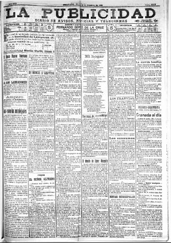 'La publicidad : diario de avisos noticias y telegramas. Eco fiel de la opinión y verdadero defensor de los intereses morales y materiales de Granada y su provincia' - Año XXX Número 8268 (21/10/1910)
