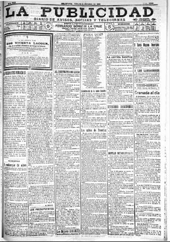 'La publicidad : diario de avisos noticias y telegramas. Eco fiel de la opinión y verdadero defensor de los intereses morales y materiales de Granada y su provincia' - Año XXX Número 8269 (22/10/1910)