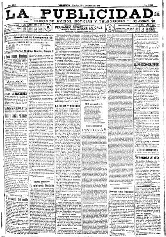 'La publicidad : diario de avisos noticias y telegramas. Eco fiel de la opinión y verdadero defensor de los intereses morales y materiales de Granada y su provincia' - Año XXX Número 8272 (25/10/1910)
