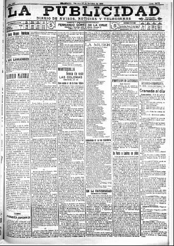 'La publicidad : diario de avisos noticias y telegramas. Eco fiel de la opinión y verdadero defensor de los intereses morales y materiales de Granada y su provincia' - Año XXX Número 8275 (28/10/1910)
