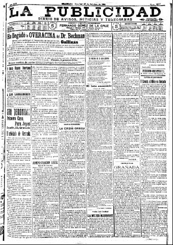 'La publicidad : diario de avisos noticias y telegramas. Eco fiel de la opinión y verdadero defensor de los intereses morales y materiales de Granada y su provincia' - Año XXX Número 8277 (30/10/1910)