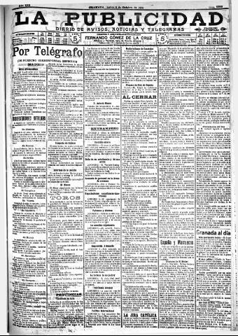 'La publicidad : diario de avisos noticias y telegramas. Eco fiel de la opinión y verdadero defensor de los intereses morales y materiales de Granada y su provincia' - Año XXX Número 8250 (03/10/1910)