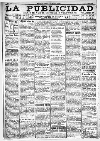 'La publicidad : diario de avisos noticias y telegramas. Eco fiel de la opinión y verdadero defensor de los intereses morales y materiales de Granada y su provincia' - Año XXX Número 8251 (04/10/1910)