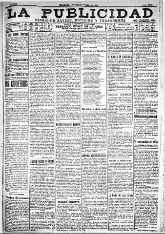 'La publicidad : diario de avisos noticias y telegramas. Eco fiel de la opinión y verdadero defensor de los intereses morales y materiales de Granada y su provincia' - Año XXX Número 8253 (06/10/1910)