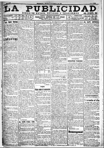 'La publicidad : diario de avisos noticias y telegramas. Eco fiel de la opinión y verdadero defensor de los intereses morales y materiales de Granada y su provincia' - Año XXX Número 8254 (07/10/1910)