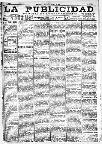 'La publicidad : diario de avisos noticias y telegramas. Eco fiel de la opinión y verdadero defensor de los intereses morales y materiales de Granada y su provincia' - Año XXX Número 8255 (08/10/1910)