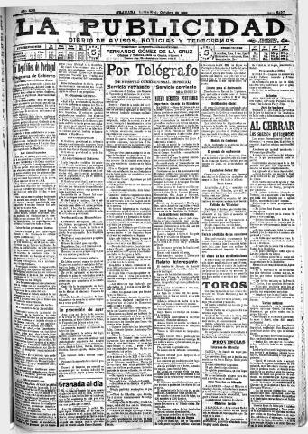 'La publicidad : diario de avisos noticias y telegramas. Eco fiel de la opinión y verdadero defensor de los intereses morales y materiales de Granada y su provincia' - Año XXX Número 8257 (10/10/1910)
