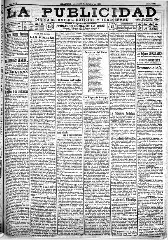 'La publicidad : diario de avisos noticias y telegramas. Eco fiel de la opinión y verdadero defensor de los intereses morales y materiales de Granada y su provincia' - Año XXX Número 8260 (13/10/1910)