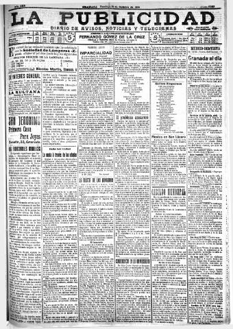 'La publicidad : diario de avisos noticias y telegramas. Eco fiel de la opinión y verdadero defensor de los intereses morales y materiales de Granada y su provincia' - Año XXX Número 8263 (16/10/1910)