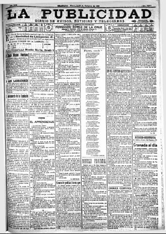 'La publicidad : diario de avisos noticias y telegramas. Eco fiel de la opinión y verdadero defensor de los intereses morales y materiales de Granada y su provincia' - Año XXX Número 8266 (19/10/1910)