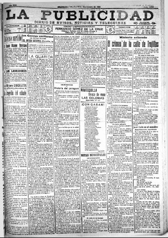'La publicidad : diario de avisos noticias y telegramas. Eco fiel de la opinión y verdadero defensor de los intereses morales y materiales de Granada y su provincia' - Año XXX Número 8293 (15/11/1910)