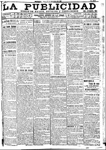 'La publicidad : diario de avisos noticias y telegramas. Eco fiel de la opinión y verdadero defensor de los intereses morales y materiales de Granada y su provincia' - Año XXX Número 8295 (17/11/1910)