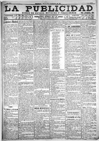 'La publicidad : diario de avisos noticias y telegramas. Eco fiel de la opinión y verdadero defensor de los intereses morales y materiales de Granada y su provincia' - Año XXX Número 8296 (18/11/1910)