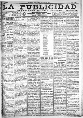 'La publicidad : diario de avisos noticias y telegramas. Eco fiel de la opinión y verdadero defensor de los intereses morales y materiales de Granada y su provincia' - Año XXX Número 8297 (19/11/1910)
