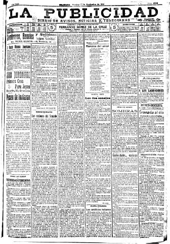 'La publicidad : diario de avisos noticias y telegramas. Eco fiel de la opinión y verdadero defensor de los intereses morales y materiales de Granada y su provincia' - Año XXX Número 8298 (20/11/1910)