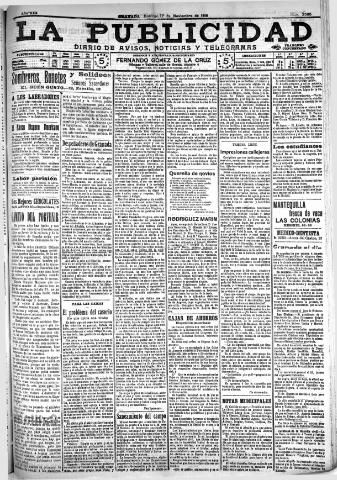 'La publicidad : diario de avisos noticias y telegramas. Eco fiel de la opinión y verdadero defensor de los intereses morales y materiales de Granada y su provincia' - Año XXX Número 8305 (27/11/1910)