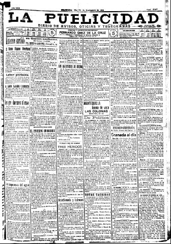 'La publicidad : diario de avisos noticias y telegramas. Eco fiel de la opinión y verdadero defensor de los intereses morales y materiales de Granada y su provincia' - Año XXX Número 8307 (29/11/1910)