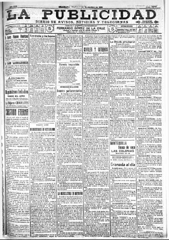 'La publicidad : diario de avisos noticias y telegramas. Eco fiel de la opinión y verdadero defensor de los intereses morales y materiales de Granada y su provincia' - Año XXX Número 8279 (01/11/1910)