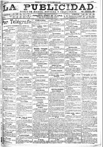 'La publicidad : diario de avisos noticias y telegramas. Eco fiel de la opinión y verdadero defensor de los intereses morales y materiales de Granada y su provincia' - Año XXX Número 8285 (07/11/1910)
