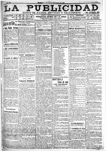 'La publicidad : diario de avisos noticias y telegramas. Eco fiel de la opinión y verdadero defensor de los intereses morales y materiales de Granada y su provincia' - Año XXX Número 8286 (08/11/1910)
