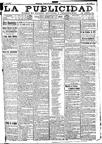 'La publicidad : diario de avisos noticias y telegramas. Eco fiel de la opinión y verdadero defensor de los intereses morales y materiales de Granada y su provincia' - Año XXX Número 8332 (24/12/1910)