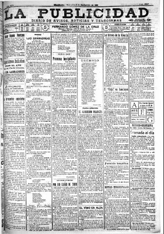 'La publicidad : diario de avisos noticias y telegramas. Eco fiel de la opinión y verdadero defensor de los intereses morales y materiales de Granada y su provincia' - Año XXX Número 8287 (09/11/1910)
