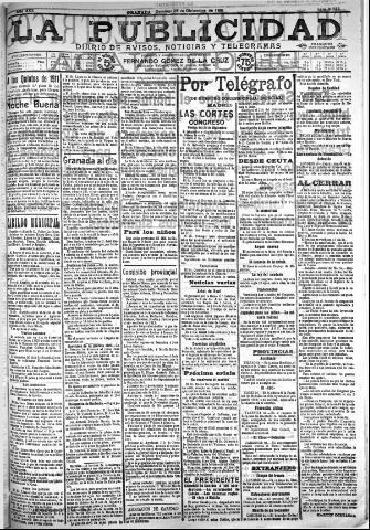'La publicidad : diario de avisos noticias y telegramas. Eco fiel de la opinión y verdadero defensor de los intereses morales y materiales de Granada y su provincia' - Año XXX Número 8333 (25/12/1910)