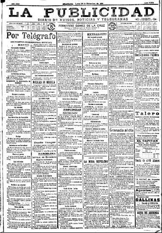 'La publicidad : diario de avisos noticias y telegramas. Eco fiel de la opinión y verdadero defensor de los intereses morales y materiales de Granada y su provincia' - Año XXX Número 8334 (26/12/1910)