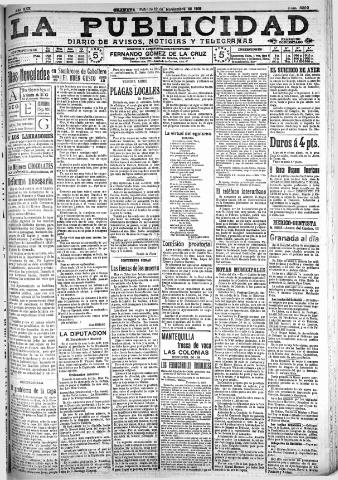 'La publicidad : diario de avisos noticias y telegramas. Eco fiel de la opinión y verdadero defensor de los intereses morales y materiales de Granada y su provincia' - Año XXX Número 8290 (12/11/1910)