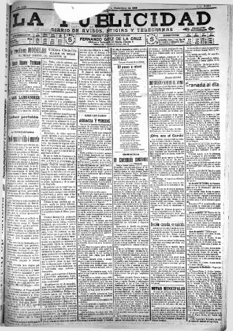'La publicidad : diario de avisos noticias y telegramas. Eco fiel de la opinión y verdadero defensor de los intereses morales y materiales de Granada y su provincia' - Año XXX Número 8309 (01/12/1910)