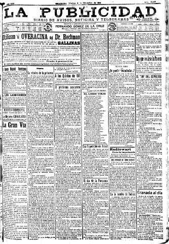 'La publicidad : diario de avisos noticias y telegramas. Eco fiel de la opinión y verdadero defensor de los intereses morales y materiales de Granada y su provincia' - Año XXX Número 8317 (09/12/1910)